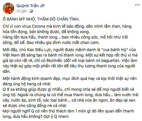 Dân tình ủng hộ bánh mì thanh long hết mực để giải cứu nông sản Việt trong mùa dịch virus Corona, Quỳnh Trần JP còn hưởng ứng bằng một hành động rất ý nghĩa - Ảnh 4.