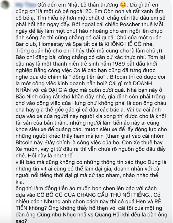 Fan viết tâm thư dài dặc gửi Nhật Lê, tố tình mới của cô không phải đại gia, kinh doanh đa cấp và còn lâu mới bằng được Quang Hải - Ảnh 4.