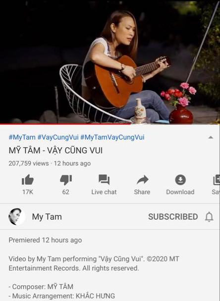 Bất ngờ với thành tích 12 tiếng kể từ khi ra mắt của MV nướng ngô, không rõ chị Mỹ Tâm có thấy Vậy cũng vui với lượt xem này không?  - Ảnh 1.