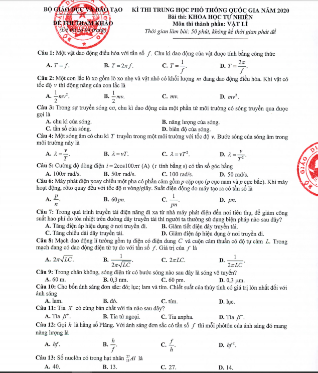 Đề thi minh họa THPT Quốc gia 2020 Môn Vật lý - Ảnh 1.