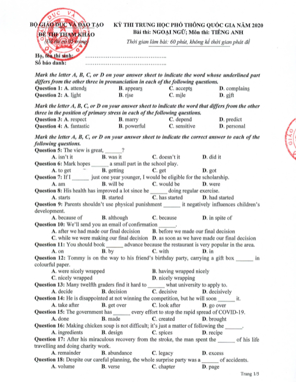 Đề thi minh họa THPT Quốc gia năm 2020 Môn Tiếng Anh - Ảnh 1.