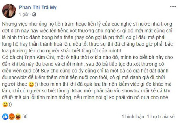 Trà My Thương nhớ ai đó lý giải nguyên do công khai mỉa mai nghệ sĩ Trịnh Kim Chi: Tôi bị xúc phạm trước - Ảnh 2.