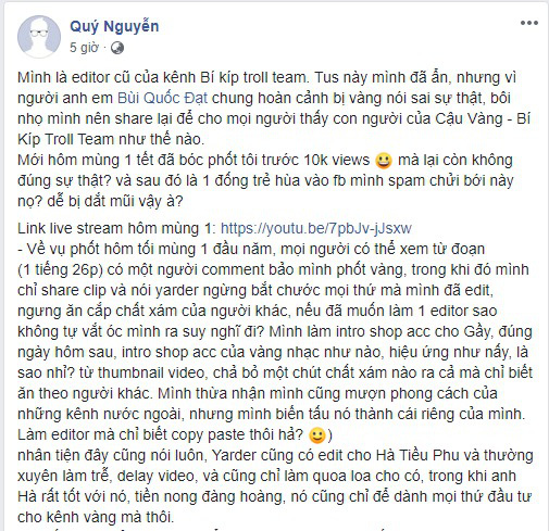 Hết bị Yasuo Bronze 5 bóc phốt sống lỗi, streamer Cậu Vàng lại bị nhân viên cũ tố vu oan giá họa - Ảnh 2.