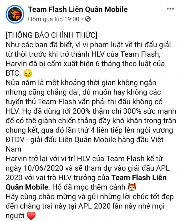 Sau án phạt do tuổi trẻ chưa trải sự đời, HLV Harvin chính thức trở lại, Team Flash như hổ thêm cánh tại APL 2020 - Ảnh 1.