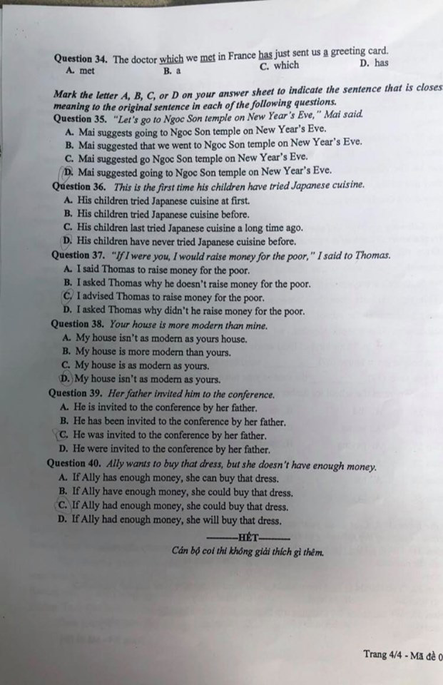 Đáp án đề thi tuyển sinh vào lớp 10 môn tiếng Anh 2020 Hà Nội - Ảnh 9.