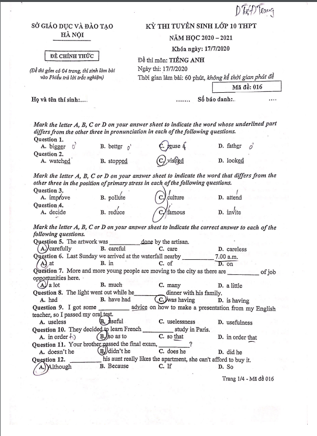 Đáp án đề thi tuyển sinh vào lớp 10 môn tiếng Anh 2020 Hà Nội - Ảnh 1.