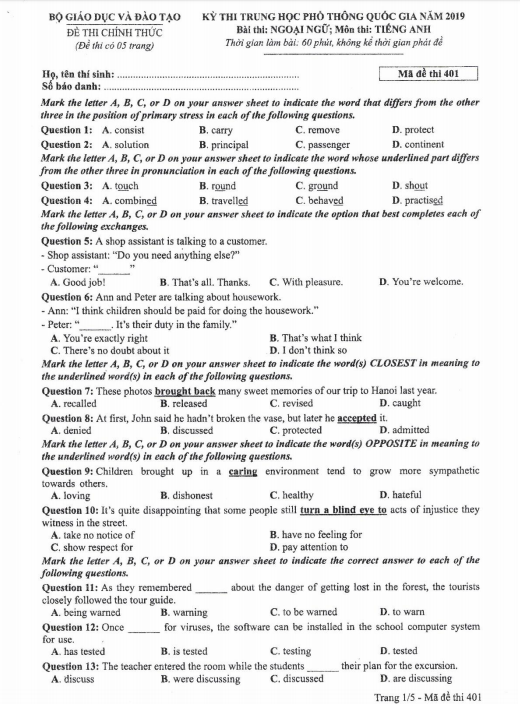 Đáp án và đề thi THPT Quốc gia môn tiếng Anh từ 2017 đến 2019 - Ảnh 13.