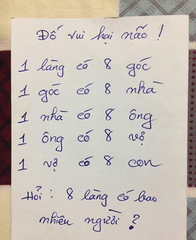 Câu đố hại não: 1 làng có 8 góc. 1 góc có 8 nhà. 1 nhà có 8 ông. 1 ông có 8 vợ. 1 vợ có 8 con. Hỏi làng có bao nhiêu người? - Ảnh 1.