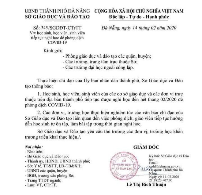 Đà Nẵng chính thức cho học sinh, sinh viên trên địa bàn nghỉ học tới hết tháng 02/2020 để phòng dịch Covid-19 - Ảnh 1.