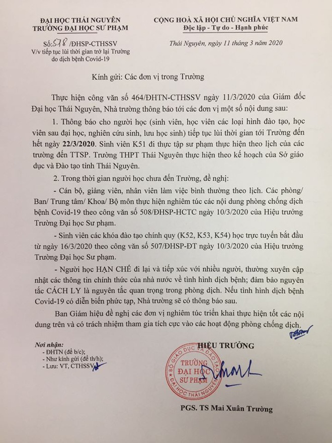 Thêm một trường Đại học lùi lịch học đến 22/3, yêu cầu sinh viên hạn chế đi lại - Ảnh 1.