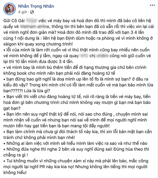 Biến giữa đêm: Trọng Nhân bị tố quỵt 7 triệu tiền vé máy bay và lời đáp trả Muốn ăn tiền còn giở trò mèo khóc chuột - Ảnh 3.