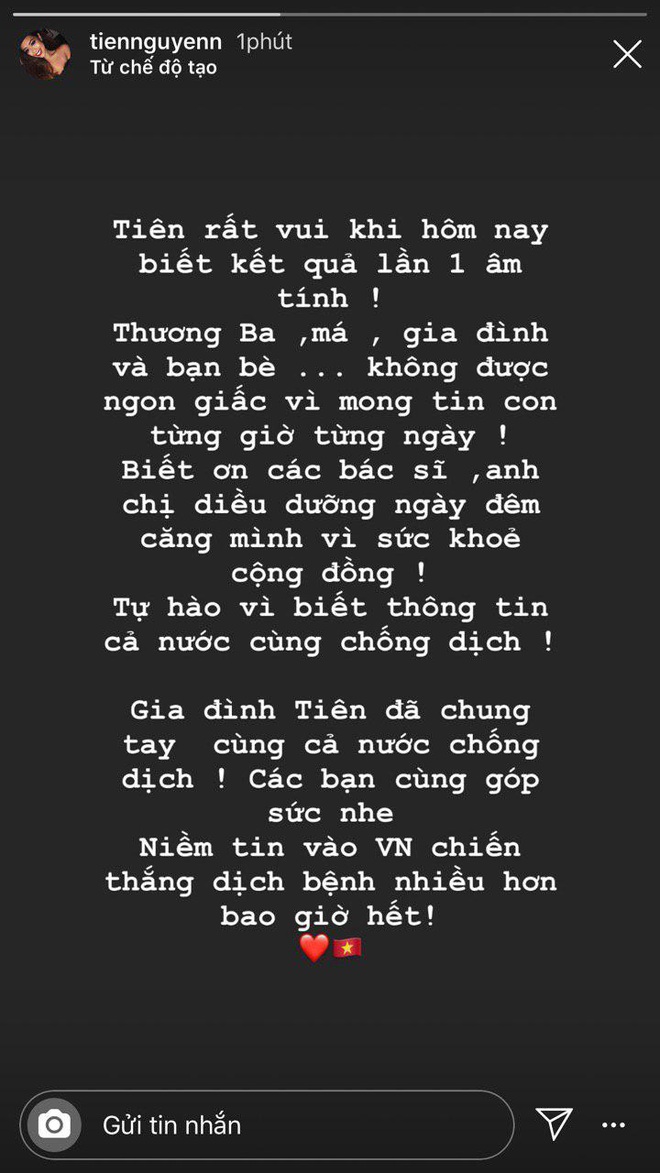 Tiên Nguyễn chính thức công bố kết quả âm tính lần 1 với virus Covid-19, không quên gửi lời cảm ơn với gia đình và bác sĩ - Ảnh 1.