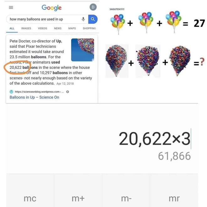 Trăn trở với câu hỏi hack não: 3 chùm bóng khổng lồ trong phim Up cộng lại sẽ cho ra kết quả là bao nhiêu? Câu trả lời khiến ai cũng phải bật cười  - Ảnh 2.