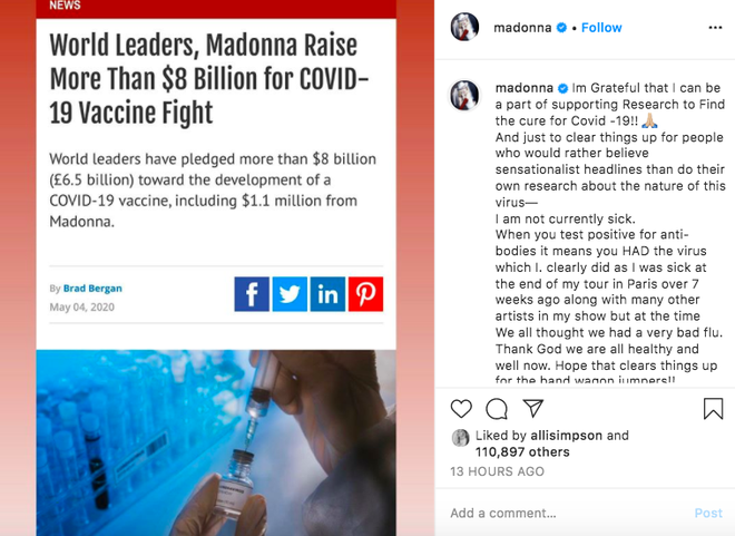 Showbiz thế giới đón nhận tin nóng: Madonna xác nhận nhiễm COVID-19, hé lộ lịch trình cụ thể, đóng góp 25 tỷ chống dịch - Ảnh 3.