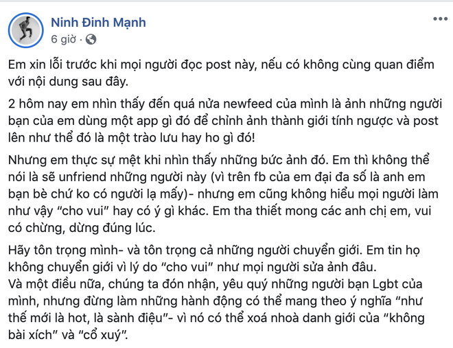 Cả showbiz đu trend hoán đổi giới tính, Đinh Mạnh Ninh đăng status lên án vì không tôn trọng cộng đồng LGBT - Ảnh 2.