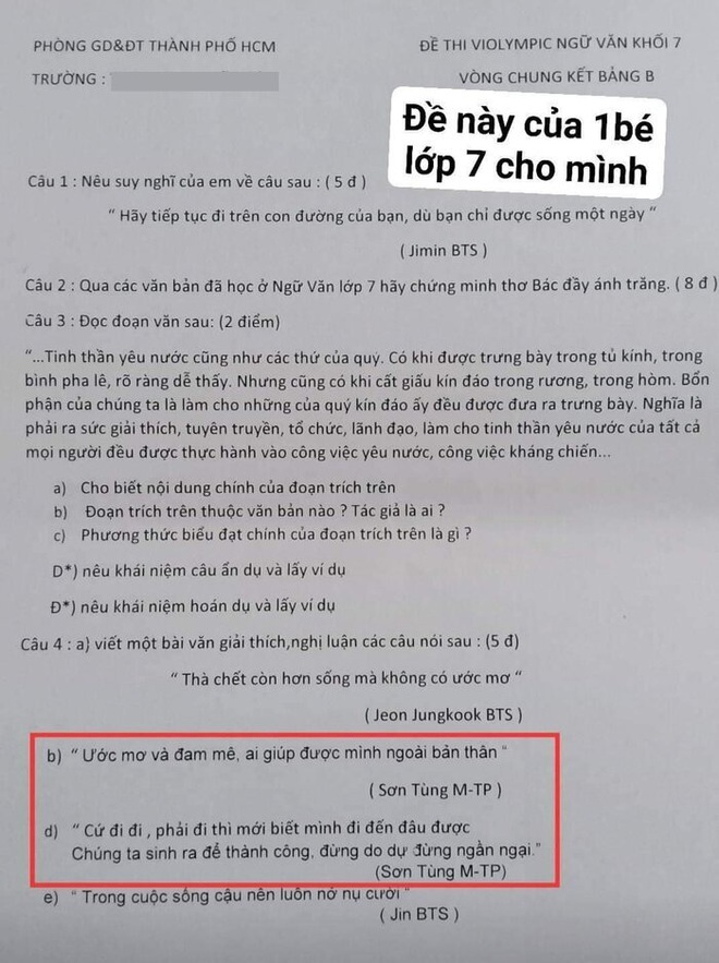 Sơn Tùng M-TP, BTS, Jack & K-ICM... bất ngờ xuất hiện trong đề kiểm tra, có đề còn gây sốc cà khịa Chi Pu - Ảnh 1.