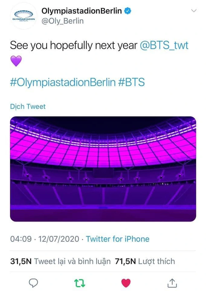 Quá buồn vì BTS không thể diễn vì dịch, SVĐ Olympic Berlin phủ kín toàn bộ các khán đài bằng màu tím đẹp lung linh - Ảnh 2.