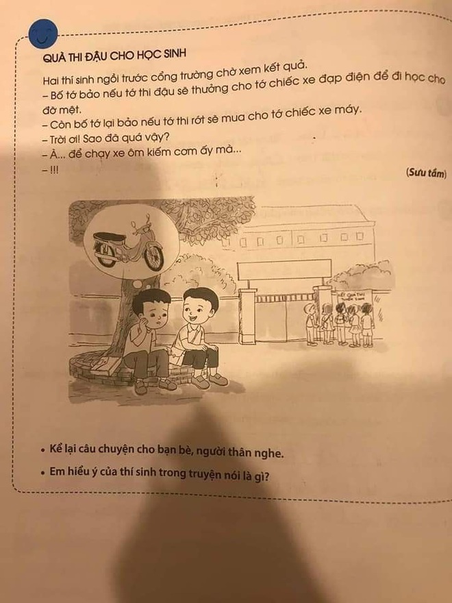 Sốc nặng trước nội dung gây tranh cãi trong sách Tiếng Việt lớp 2: Thi đậu thưởng xe đạp điện nhưng thi rớt được... xe máy? - Ảnh 1.