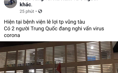 Công an mời lên làm việc người tung tin 2 người Trung Quốc nhập viện TP Vũng Tàu nghi do mắc virus corona