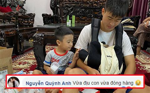 Duy Mạnh vừa địu con vừa tất bật giúp vợ đóng hàng, Quỳnh Anh nhìn còn thấy thương