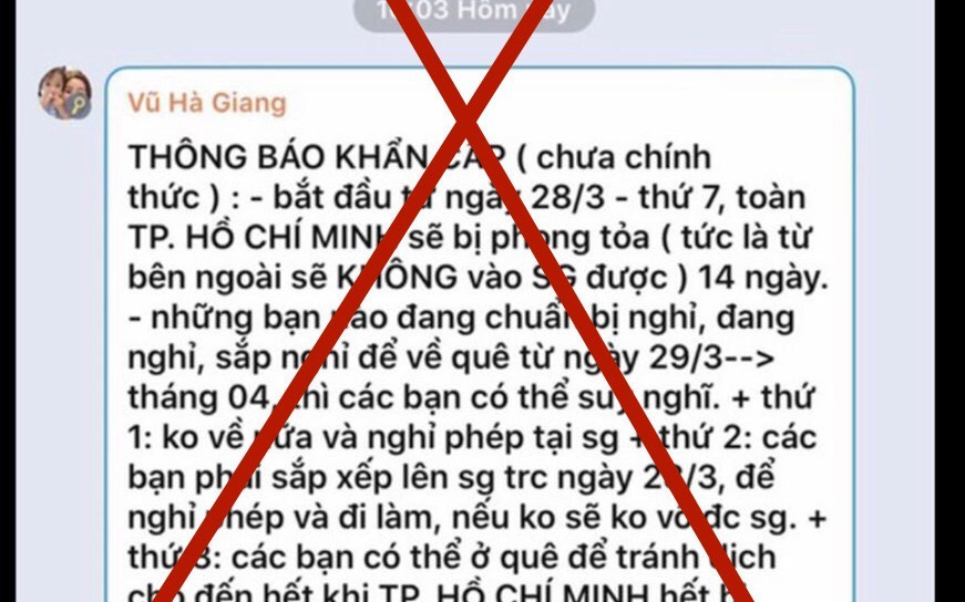 Thông tin TP.HCM sẽ phong tỏa trong 14 ngày vì dịch Covid-19 là hoàn toàn bịa đặt