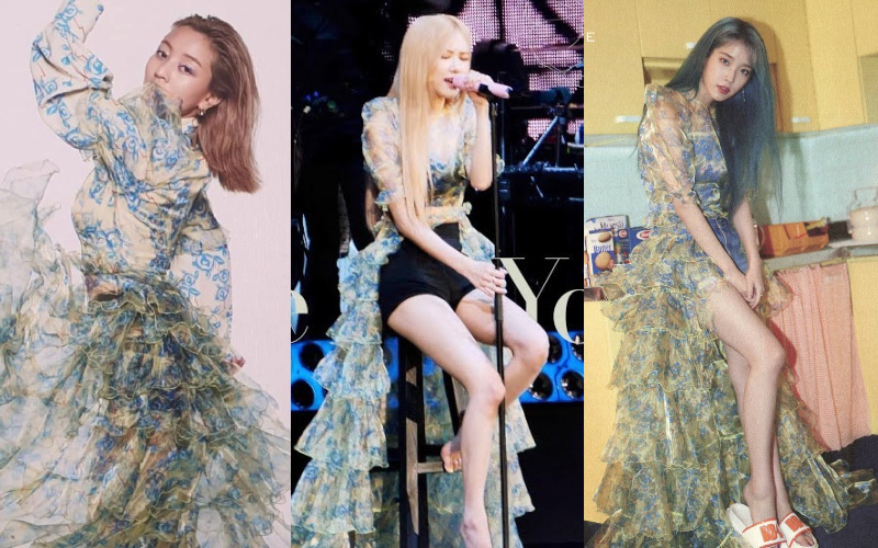 Diện cùng kiểu váy, Rosé và IU tích cực khoe chân nên sexy thôi rồi, Jihyo lại nhạt nhòa vì kín như bưng