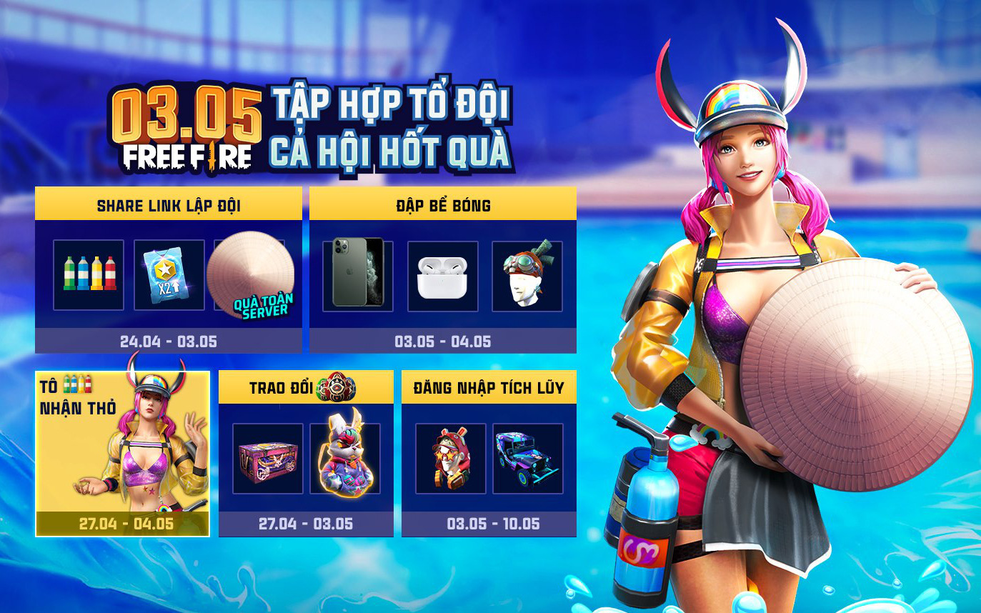 Free Fire: Garena tặng free skin &quot;Thỏ tiệc bể bơi&quot; cùng rất nhiều vật phẩm giá trị trong sự kiện 30/4, 1/5