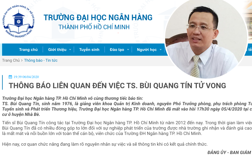 Đại học Ngân Hàng TPHCM thông báo chính thức việc tiến sĩ Bùi Quang Tín tử vong