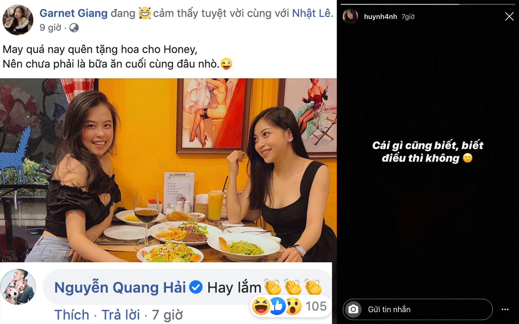 Quang Hải bình luận trong bài viết tag tên Nhật Lê, Huỳnh Anh liền đăng status ẩn ý: "Cái gì cũng biết, biết điều thì không"