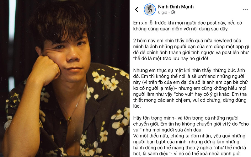 Cả showbiz &quot;đu trend&quot; hoán đổi giới tính, Đinh Mạnh Ninh đăng status lên án vì không tôn trọng cộng đồng LGBT