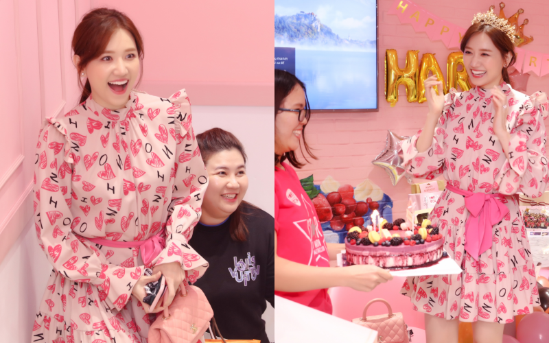 Hari Won &quot;hack tuổi&quot; và diện váy hồng đẹp rạng rỡ, vỡ oà hạnh phúc trong tiệc sinh nhật sớm