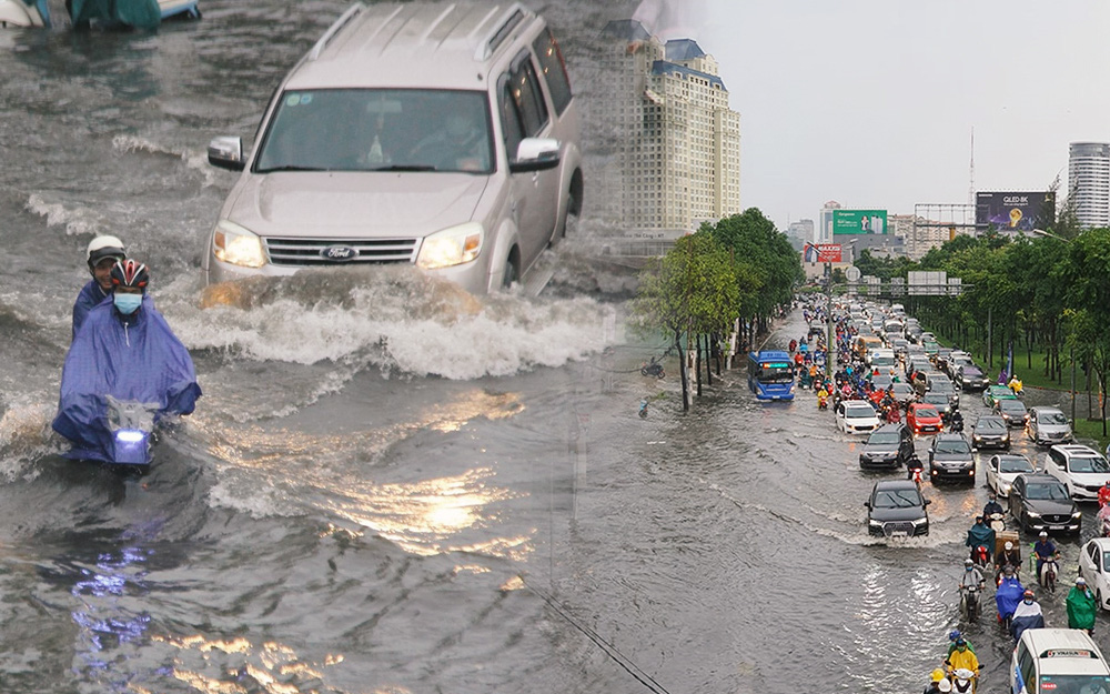 Đường phố Sài Gòn ngập lênh láng sau cơn mưa lớn, người dân khổ sở dắt xe lội nước trên đường