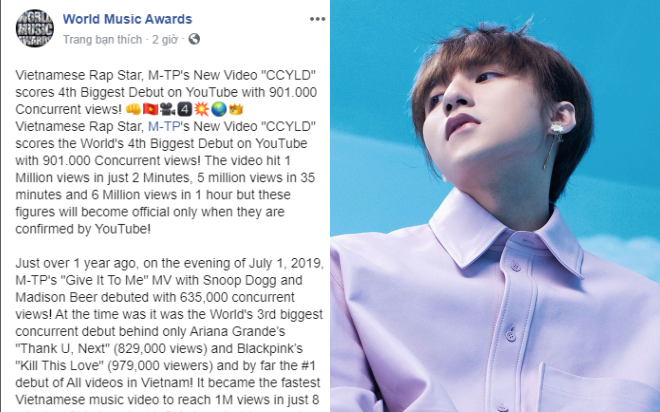 World Music Awards dành &quot;cơn mưa&quot; lời khen cho &quot;Có Chắc Yêu Là Đây&quot;, nhưng cách gọi Sơn Tùng M-TP hơi sai sai?
