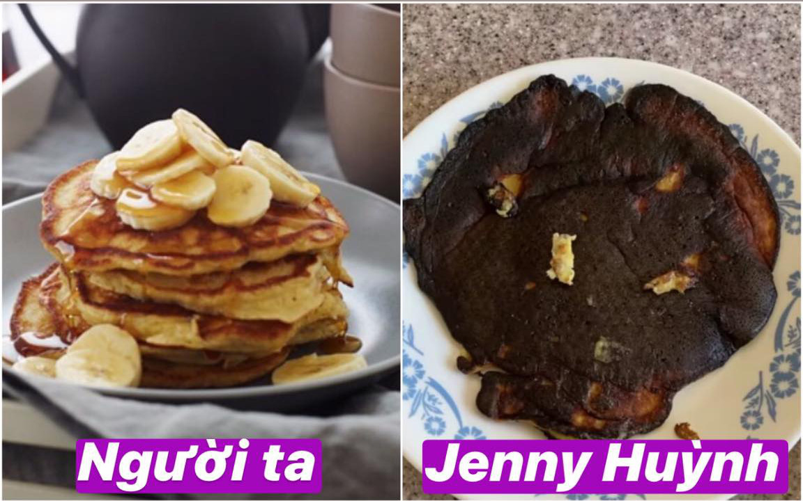 Jenny Huỳnh trổ tài nấu nướng: Úi zùi ui! Pancake chuối thành pancake bóng đêm luôn rồi nè!