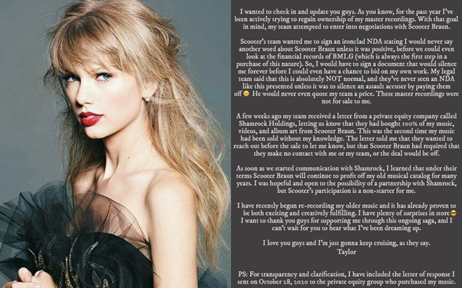 Taylor Swift lên tiếng việc Scooter Braun bí mật bán bản master của mình cho bên thứ ba nhưng vẫn &quot;ăn&quot; toàn bộ lợi nhuận