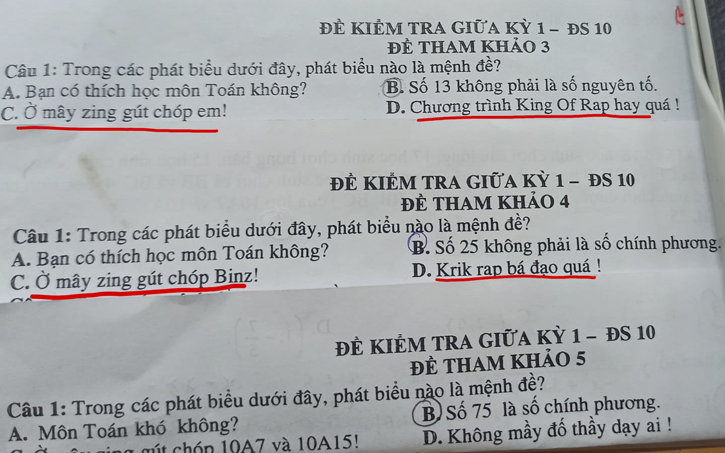 Đề thi Toán chất phát ngất với những mệnh đề lấy từ Rap Việt