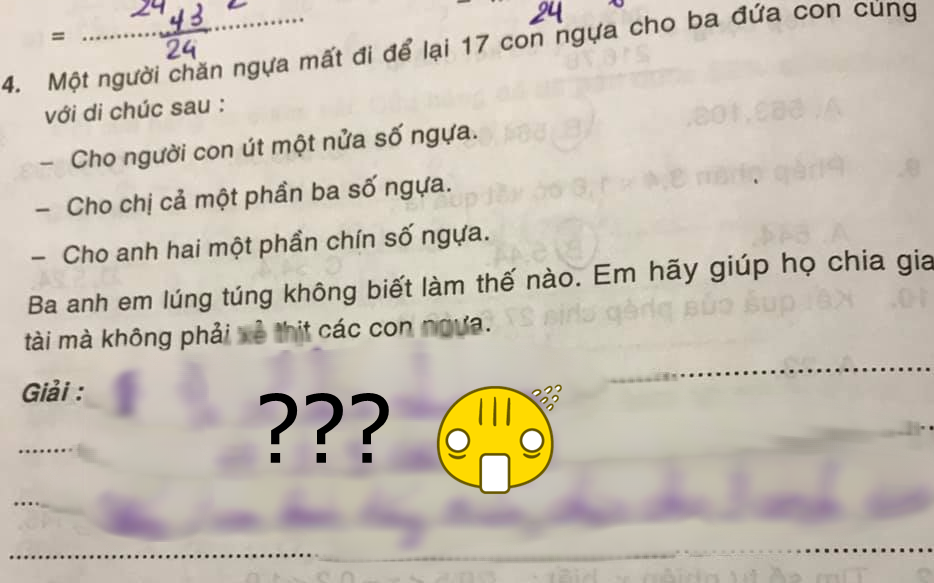 Hỏi: &quot;Chia đều 17 con ngựa cho 3 người?&quot;, đáp án thông minh của cậu nhóc khiến giáo viên cười lăn, còn bà mẹ thì &quot;chua mặt&quot; quá!