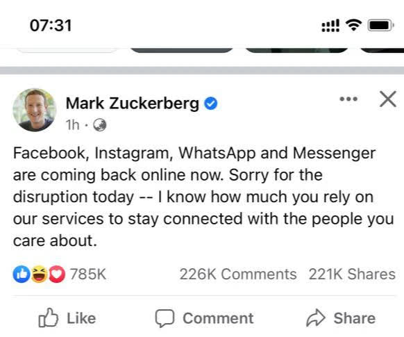 Mark Zuckerberg chính thức có phát ngôn đầu tiên sau sự cố Facebook sập trên toàn cầu, nhưng né tránh công bố nguyên nhân? - Ảnh 2.