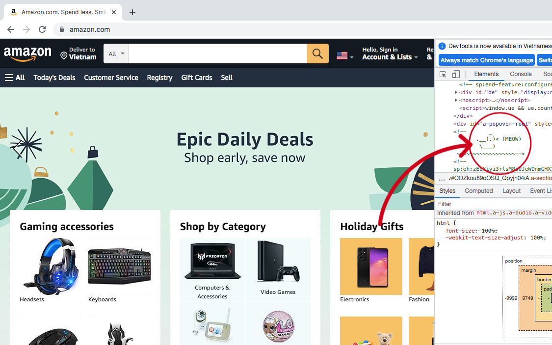 Netizen phát hiện ra &quot;một chú vịt kêu meow&quot; siêu đáng yêu trong chuỗi code của trang web Amazon