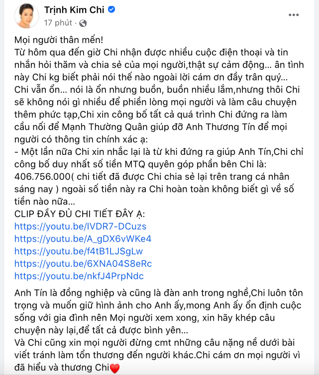 Trịnh Kim Chi lên tiếng sau khi bị Thương Tín quay xe, chính thức làm rõ khoản tiền 400 triệu kêu gọi! - Ảnh 2.