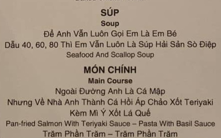 Menu tiệc cưới cồng kềnh bắt đủ thứ trend trên đời làm khách đọc 10 phút, từ ca dao tục ngữ “đá” sang cả showbiz