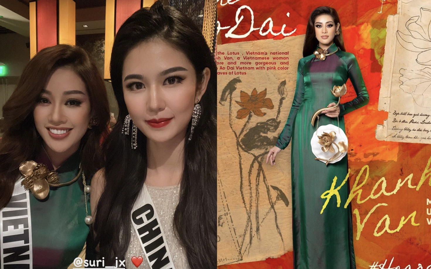 Khánh Vân gây sốt khi diện áo dài truyền thống ở Miss Universe, xinh nức nở đọ sắc với Hoa hậu xứ Trung trong 1 khung hình