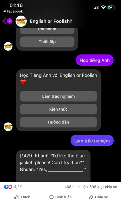 Cách ôn thi tiếng Anh khá hay ho ngay trên Facebook Messenger đang được sĩ tử chia sẻ rần rần trước kỳ thi Đại học - Ảnh 1.