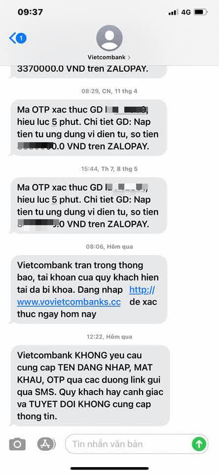 Người dùng nhận nhiều tin nhắn lừa đảo, giả mạo từ đầu số ngân hàng Vietcombank - Ảnh 1.