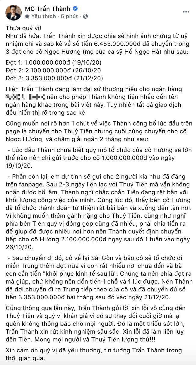 Trấn Thành chính thức tung loạt giấy tờ sao kê chuyển 6,45 tỷ từ thiện cho mẹ Hà Hồ, làm rõ chuyện chậm giải ngân 2 tháng - Ảnh 2.