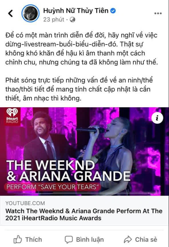Tiên Tiên nêu ý kiến dừng livestream các đêm nhạc sau khi xem Ariana Grande và The Weeknd diễn, lí do có thuyết phục? - Ảnh 1.