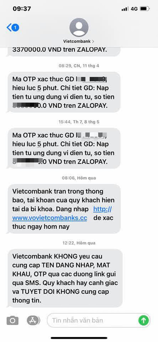 Hàng loạt đầu số mạo danh các ngân hàng lớn như Vietcombank, Vietinbank... liên tục gửi tin nhắn lừa đảo - Ảnh 2.
