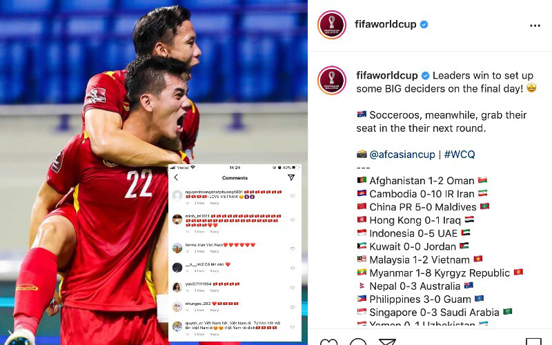 Instagram chính thức của FIFA đăng ảnh khoảnh khắc ăn mừng của đội tuyển Việt Nam, cộng đồng mạng Việt rần rần tự hào!