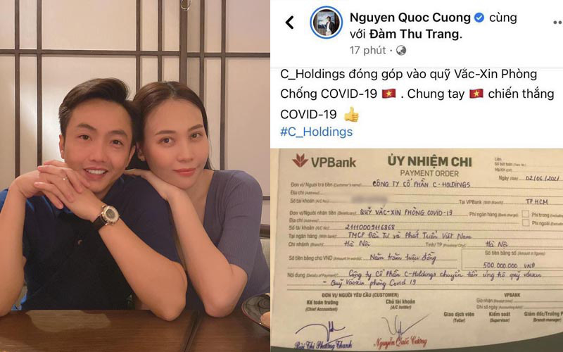 Vợ chồng Cường Đô La - Đàm Thu Trang thay mặt công ty ủng hộ 500 triệu đồng cho Quỹ vaccine phòng Covid-19