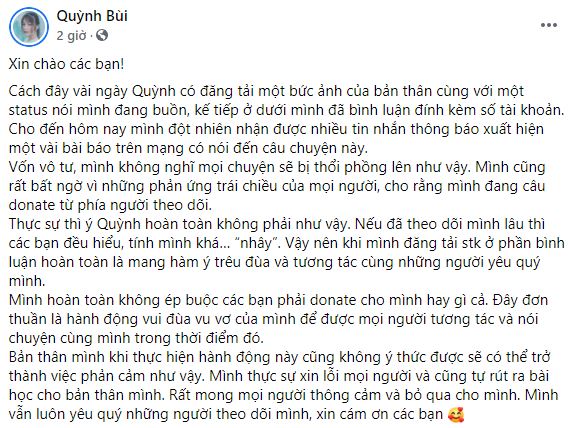 Quỳnh Alee lên tiếng xin lỗi khi bị chỉ trích vì cho số tài khoản ngân hàng để khều donate - Ảnh 1.